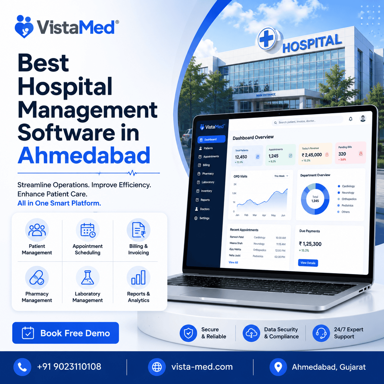 Best hospital management software in Ahmedabad — VistaMed dashboard