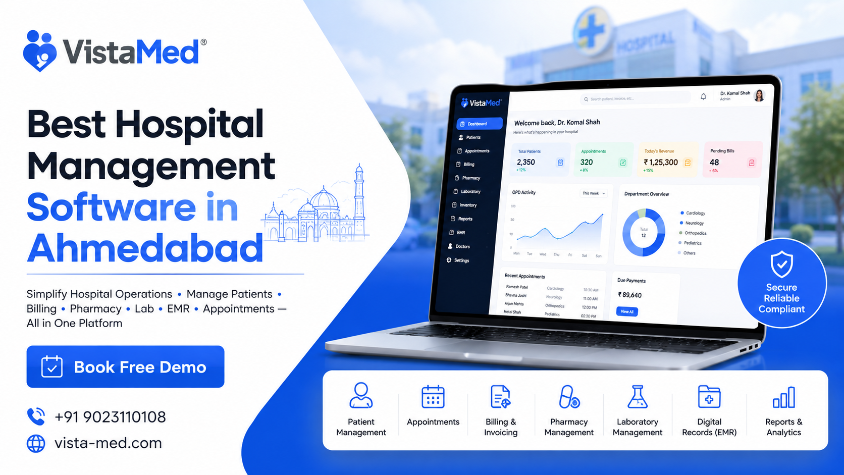 VistaMed pharmacy management software dashboard — real-time stock tracking and billing for hospitals in India