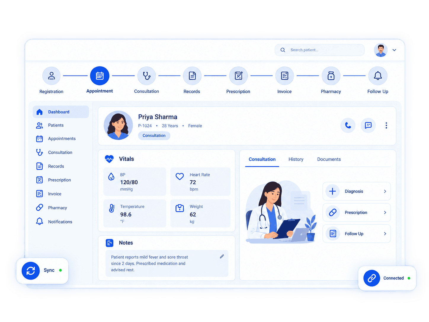VistaMed clinic management software dashboard — connected clinic workflow